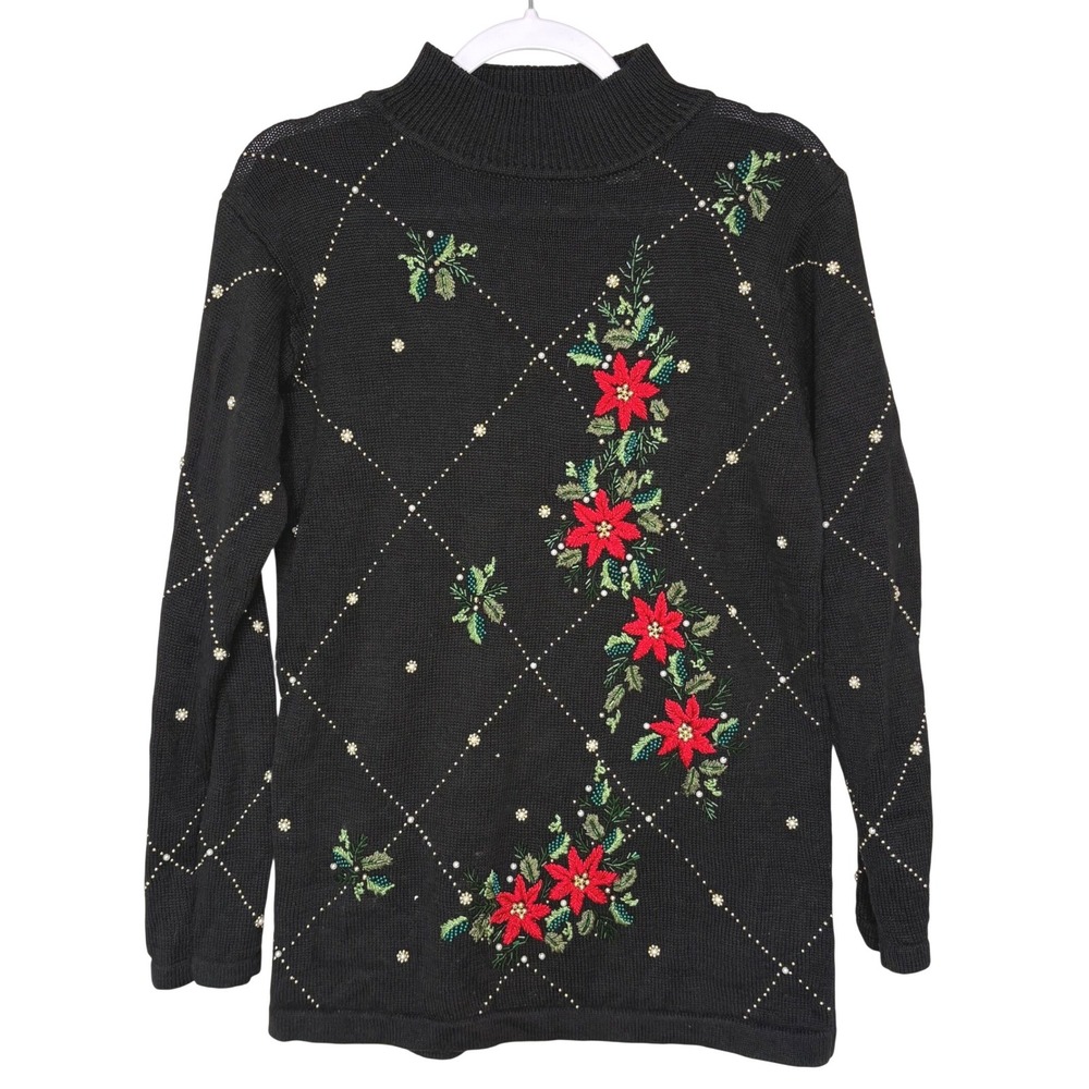 Vtg Victoria Jones Christmas Sweater S Poinsettia Beaded Grannycore Teachercore